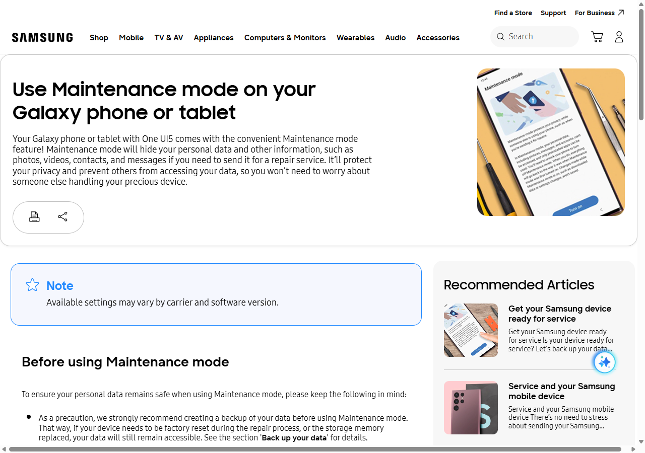 Официальная страница Samsung с описанием Maintenance Mode на Galaxy: режим скрывает личные данные на время ремонта или сервисного обслуживания